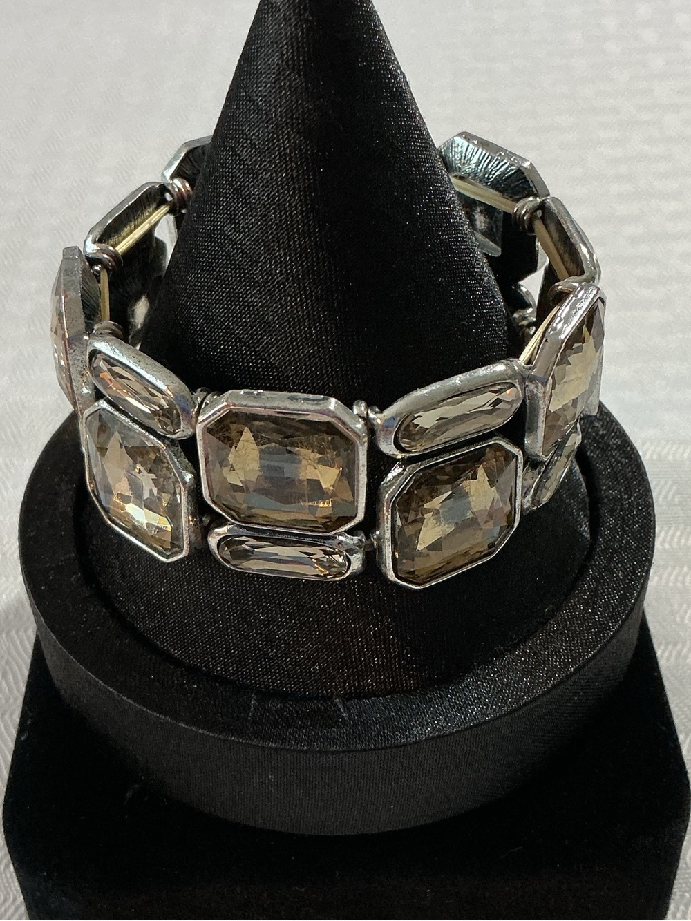 Genuine  Smoky Quartz Chunky Silver Tone Statement Stretch Bracelet
